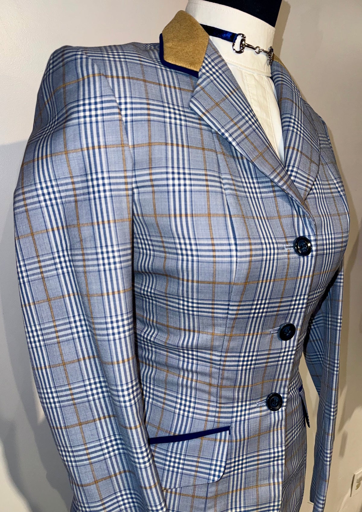 Marsha De Arriaga, Custom Blue Plaid Hunt Coat