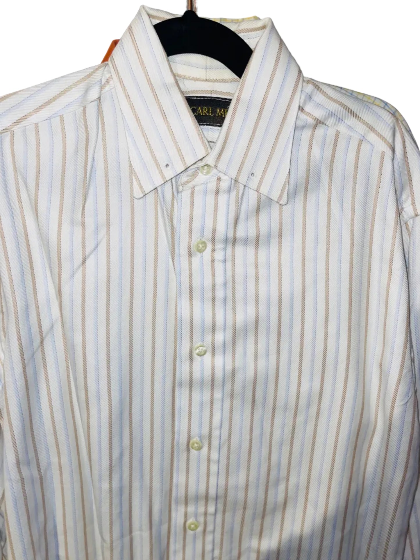 Carl Meyers, White with Taupe and Blue Stripe Shirt