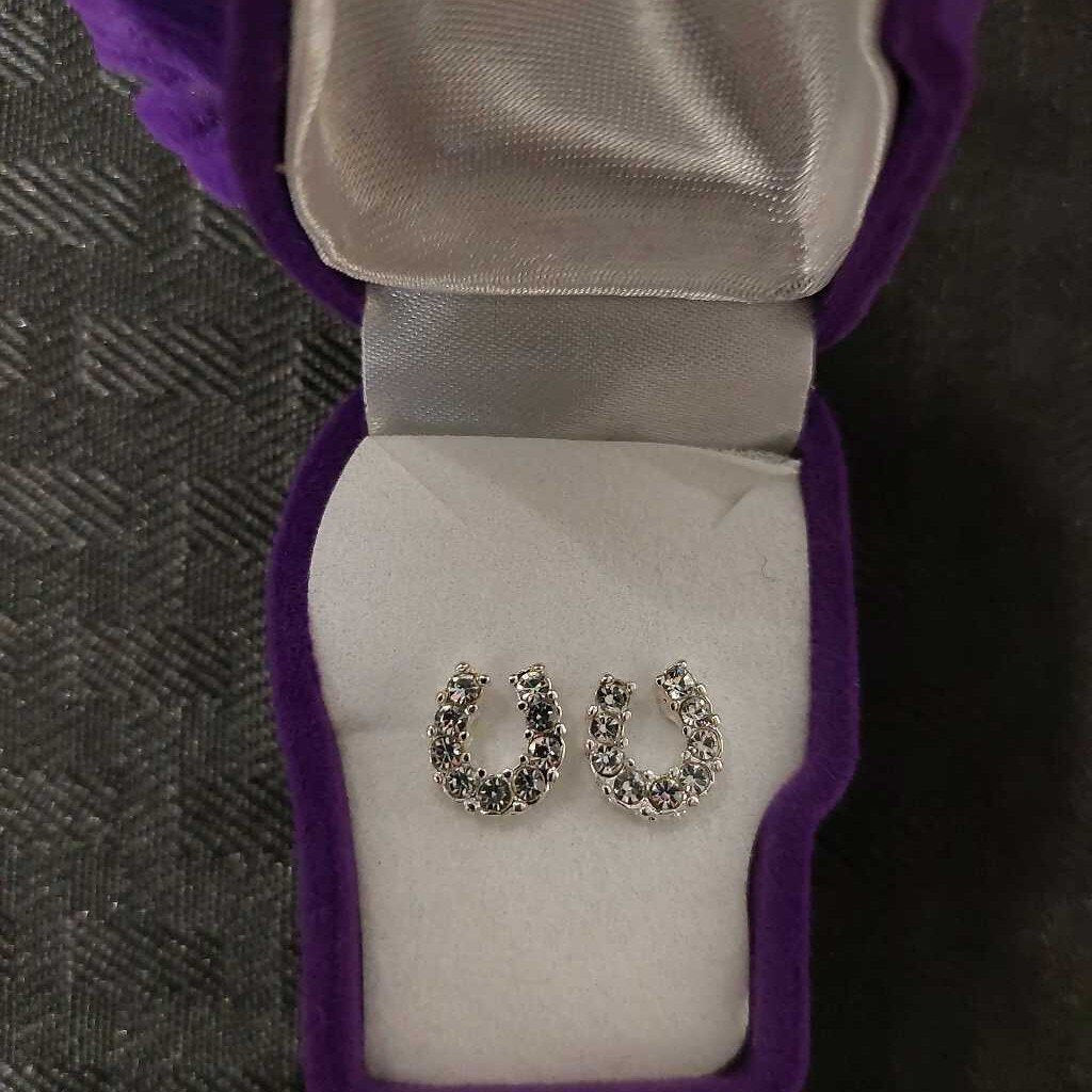 Rhinestone Horseshoe Earrings with Horse Head Box