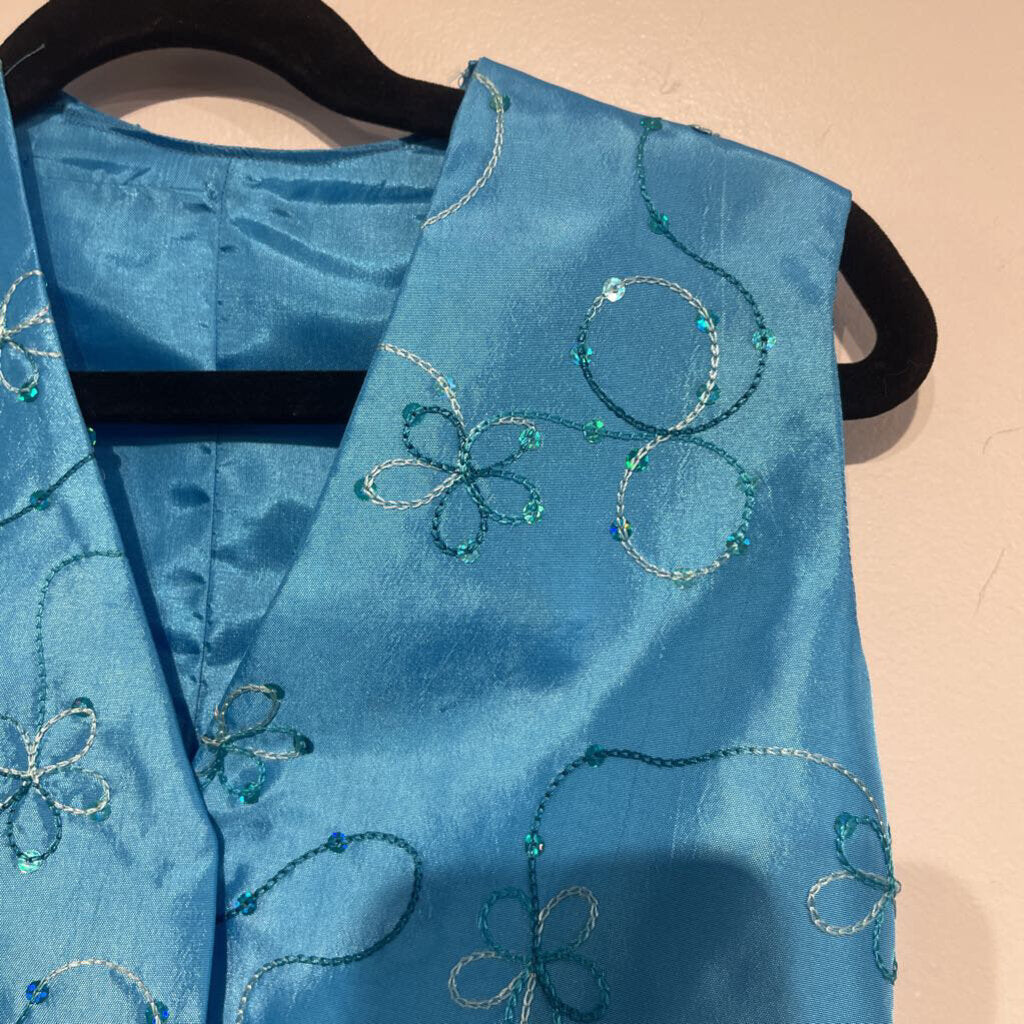 Blue Vest with Sequin Flowers