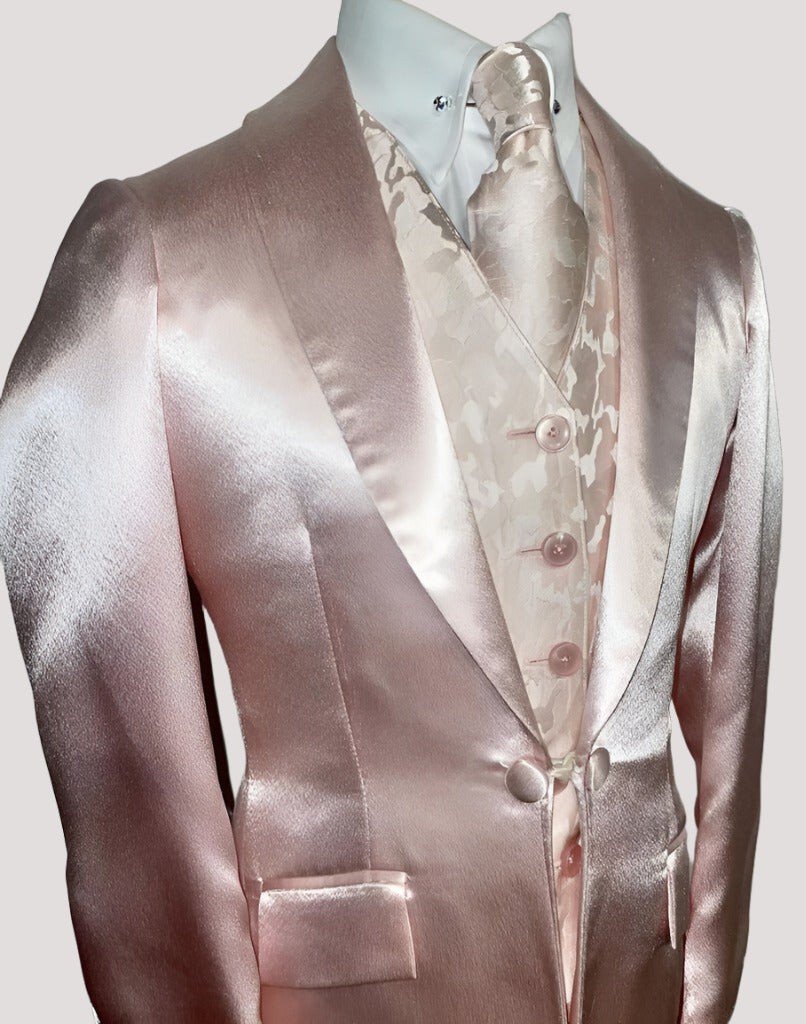 DeRegnaucourt Light Pink Satin Girls Daycoat, Vest, Shirt, and Tie Set