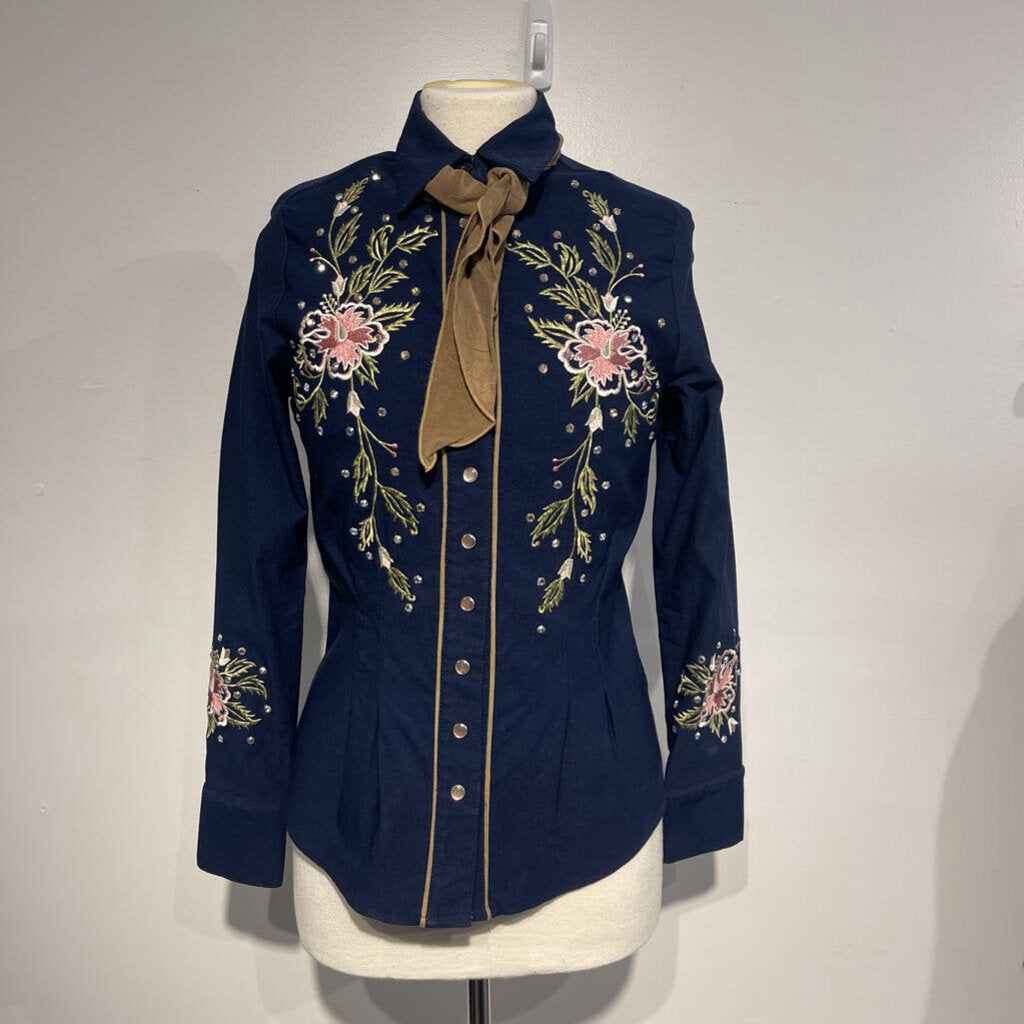 Navy With Flowers Western Top