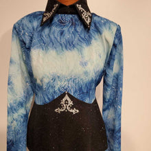 Load image into Gallery viewer, Blue Western Top with Black Sparkle Trim
