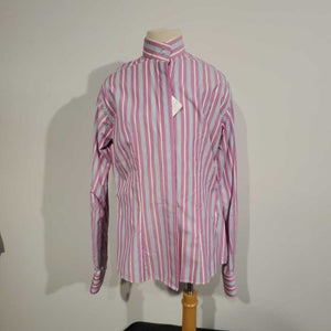 Pink and Blue and White Stripe Hunt Shirt No Collar Neck-13