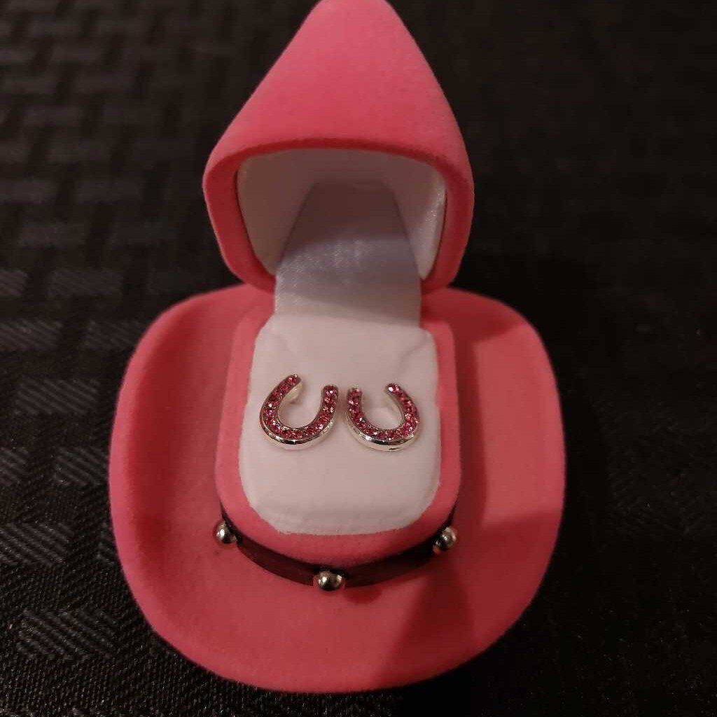 Pink Horseshoe Earrings W/ Cowboy Box