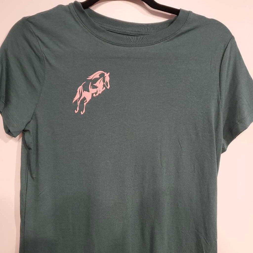 Teal Shirt with Pink Jumping Horse Ladies S