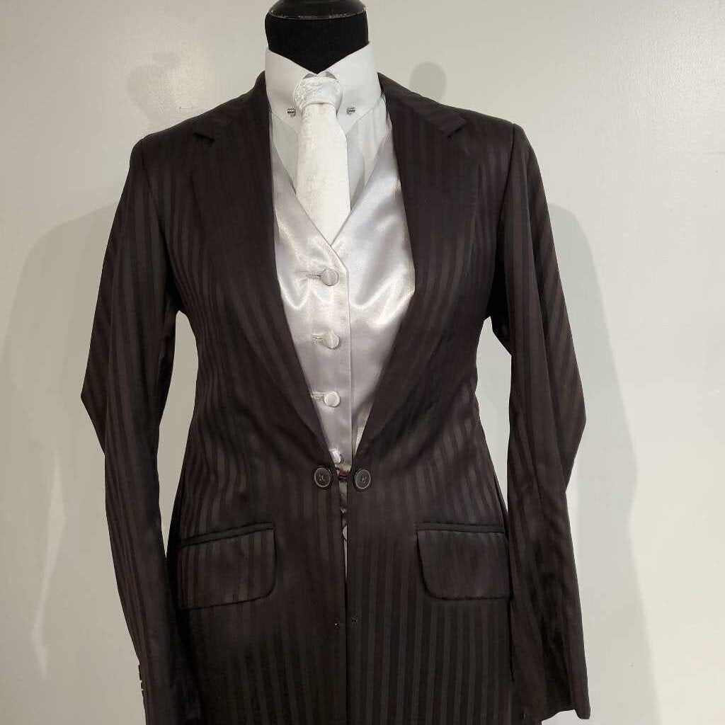 Marsha De Arriaga Custom Dark Brown Suit with Red Stripes