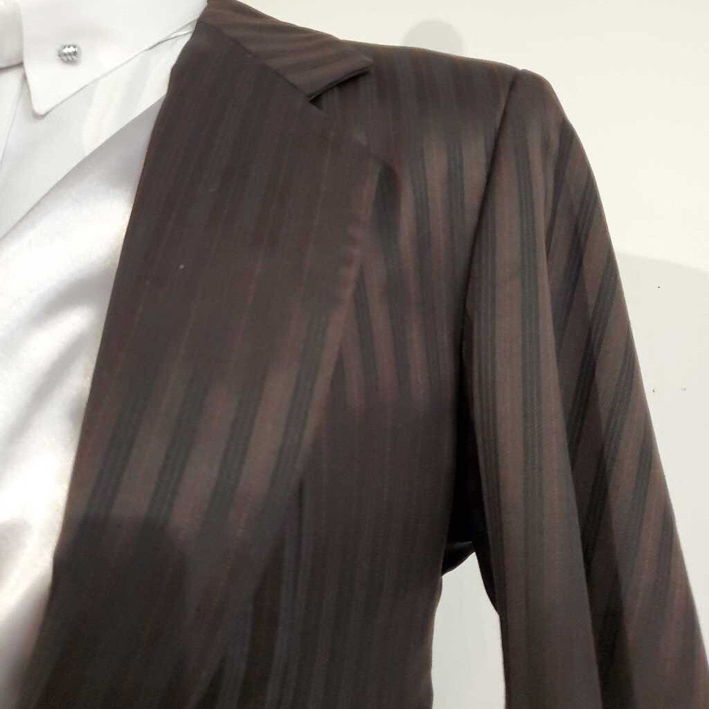 Marsha De Arriaga Custom Dark Brown Suit with Red Stripes