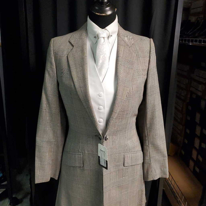 grey plaid suit with black vest